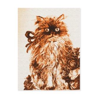 KITTEN WITH ROSES , Brown and White Postcard