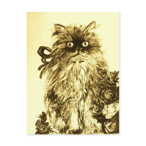 KITTEN WITH ROSES , Brown and White Yellow Postcard
