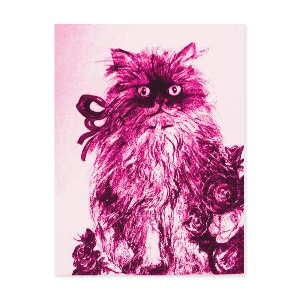 KITTEN WITH ROSES ,Pink Fuchsia White Postcard