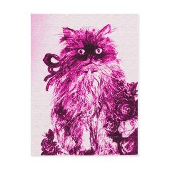 KITTEN WITH ROSES ,Pink Fuchsia White Postcard