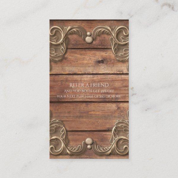 Lace Wood Rustic Vintage Western Refer a Friend Referral Card
