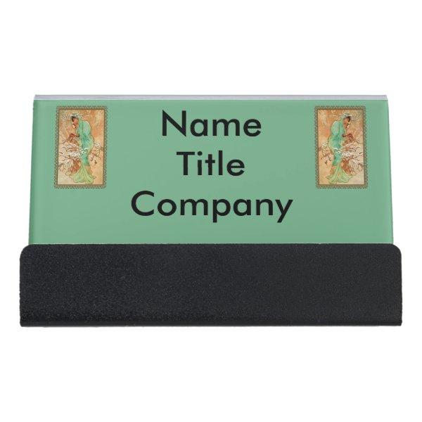 Lady Wearing Green Hooded Cape Golden trees Snow Desk  Holder