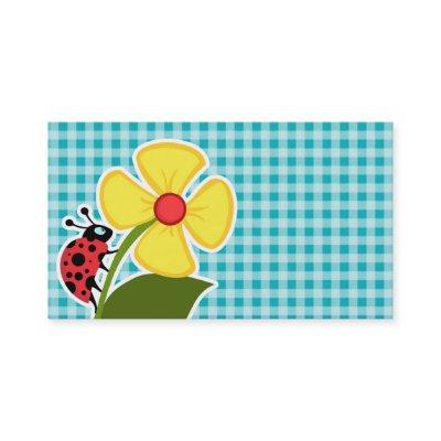 Ladybug and Flower on Blue-Green Gingham