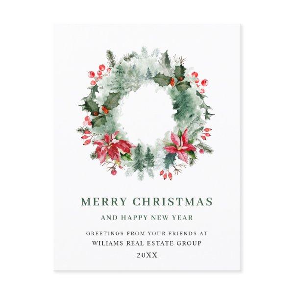 Landscape Wreath Holly Berry Pine Forest Christmas Postcard