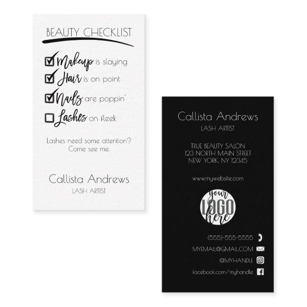 Lashes Black White Beauty Checklist Business Logo Appointment Card
