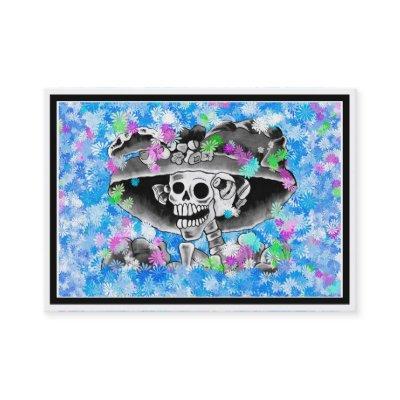 Laughing Skeleton Woman in Bonnet on Blue