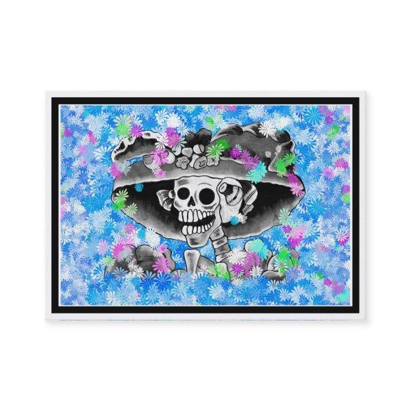 Laughing Skeleton Woman in Bonnet on Blue