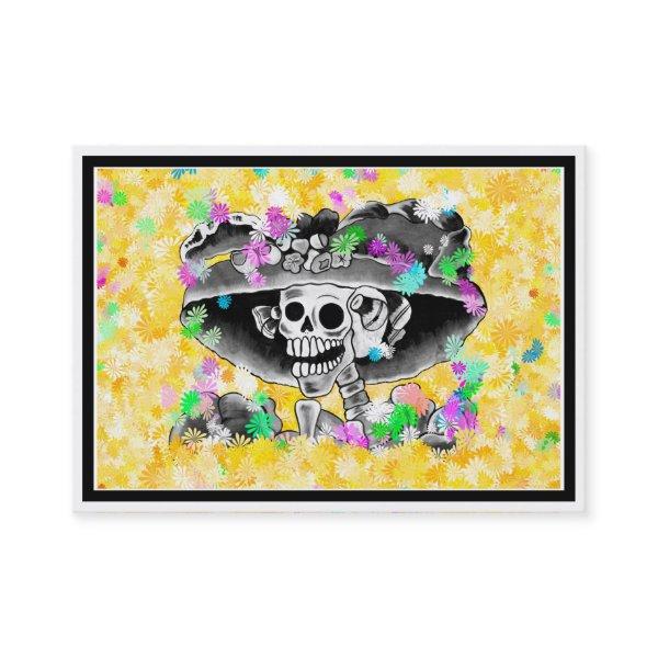 Laughing Skeleton Woman in Bonnet on Yellow