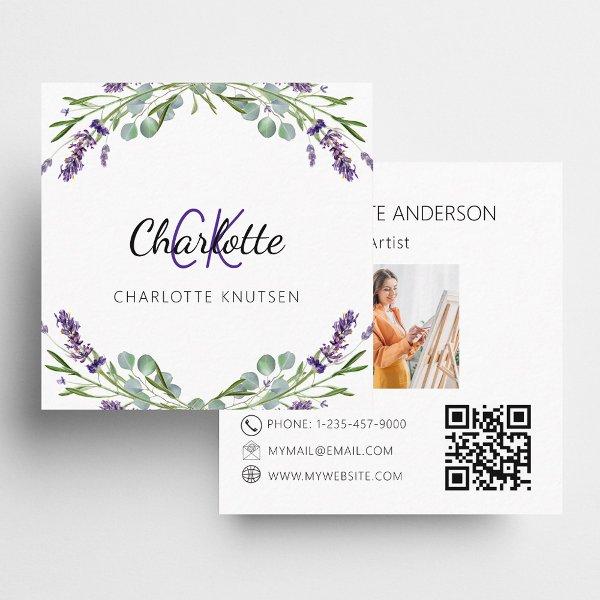 Lavender flowers violet monogram photo QR code Square