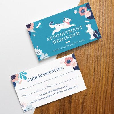 Leaping Dog Floral Pet Care Services Blue Appointment Card