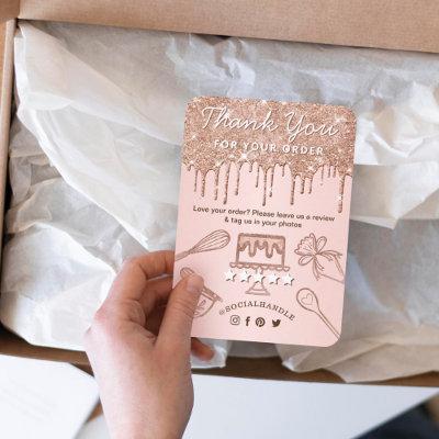 Leave A Review Rose Gold Pink Drips Cake Bakery Enclosure Card