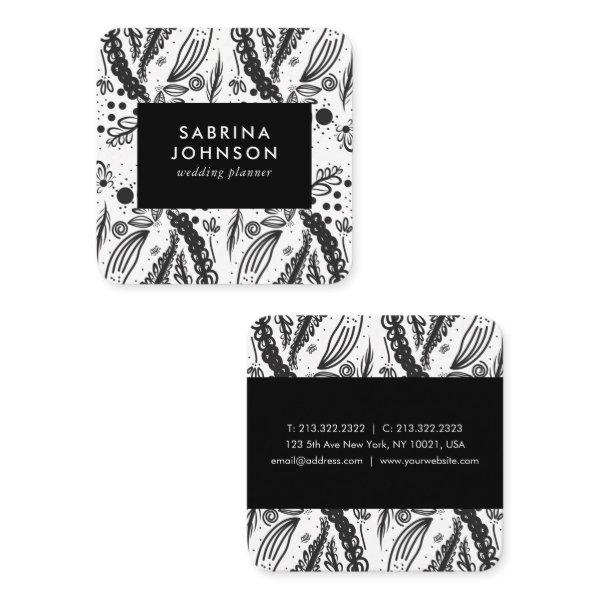 leaves flowers polka dots pattern black white square