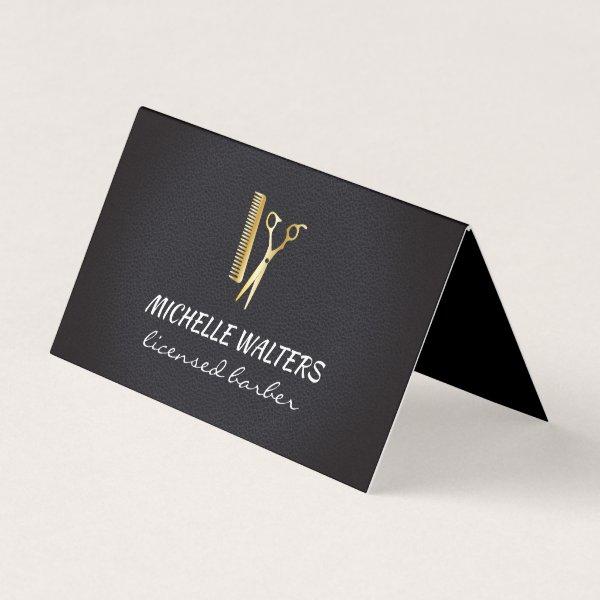 Licensed Barber Leather Gold Comb and Scissors