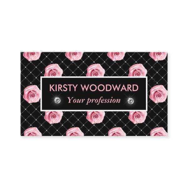 Light Pink Roses on Black & white diamond pattern