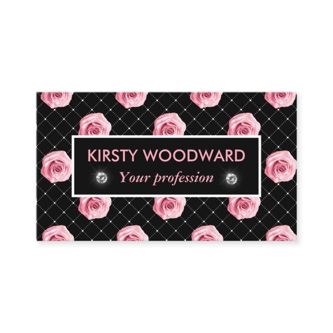 Light Pink Roses on Black & white diamond pattern