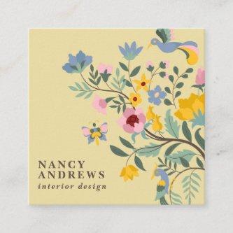 Light yellow floral bouquet whimsical illustration square