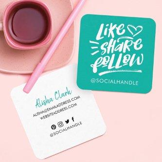 Like Share Follow Brush Script Aqua Social Media Square