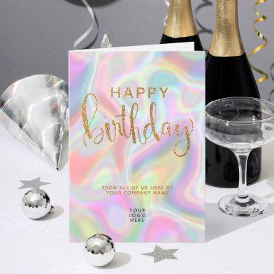 Logo Holographic Faux Gold Glitter Happy Birthday Card