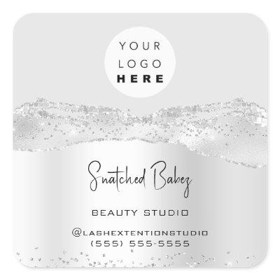 Logo QR Code Online Shop Glitter Silver Gray Spark Square Sticker