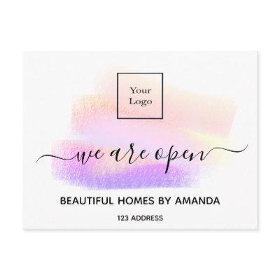 Logo reopening white pastels interior designer postcard
