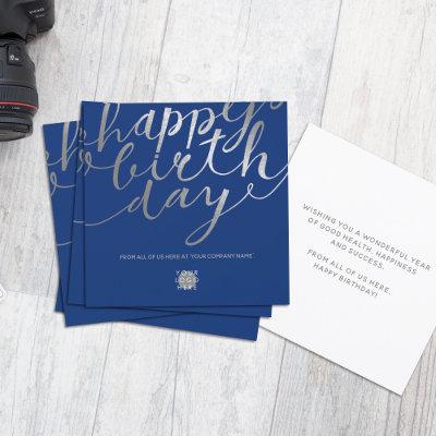 Logo Silver Script Lettering Navy Blue Birthday Card