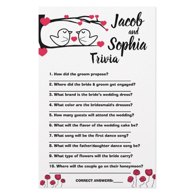 LOVE BIRD BRIDE & GROOM TRIVIA SHOWER GAME CARD FLYER