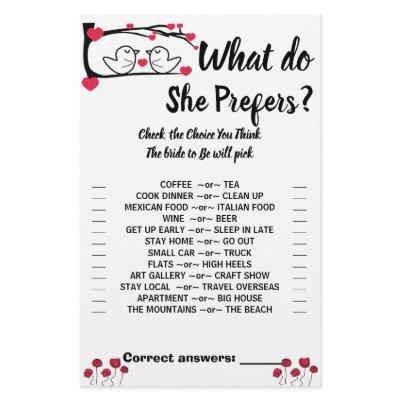 Love Bird Would She prefer Bridal Shower Game Card Flyer