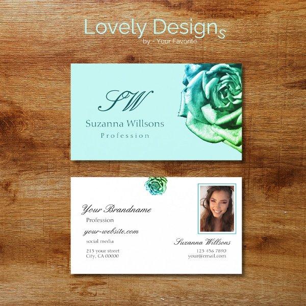 Lovely Rose on Plain Teal White Initials and Photo