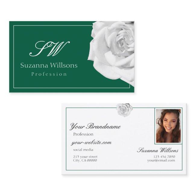 Lovingly White Rose on Green with Initials Photo