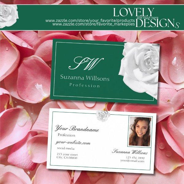 Lovingly White Rose on Green with Initials Photo