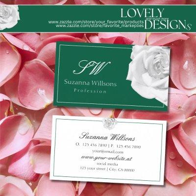 Lovingly White Rose on Green with Initials Simple