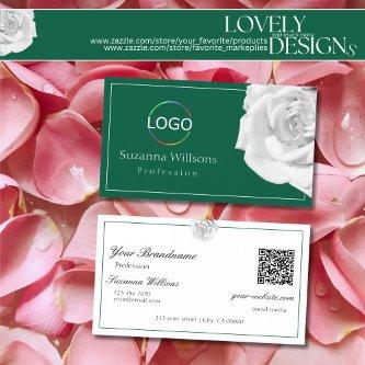 Lovingly White Rose on Green with Logo and QR Code