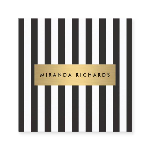 Luxe Bold Black and White Stripes with Gold Bar Square