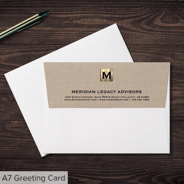 Luxurious Beige Linen Brushed Gold Monogram Envelope