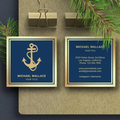 Luxurious Navy Blue Gold Foil Nautical Rope Anchor Square
