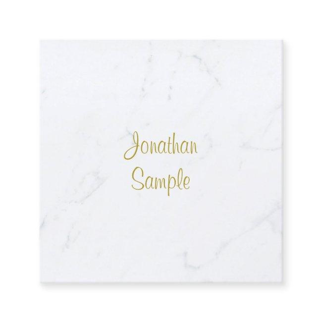 Luxurious Plain Elegant White Marble Gold Script Square