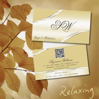 Luxury Beige Cream Curved Lines Monogram QR Code