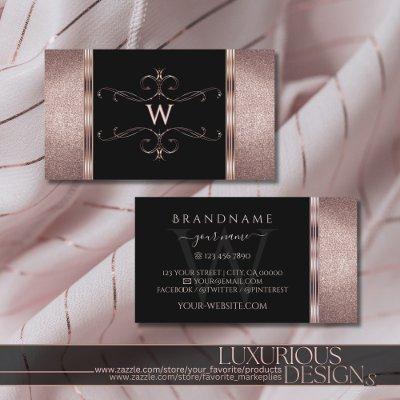 Luxury Black and Rose Gold Glitter Ornate Monogram