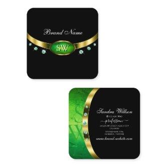 Luxury Black Gold Green Marble Rhinestone Monogram Square