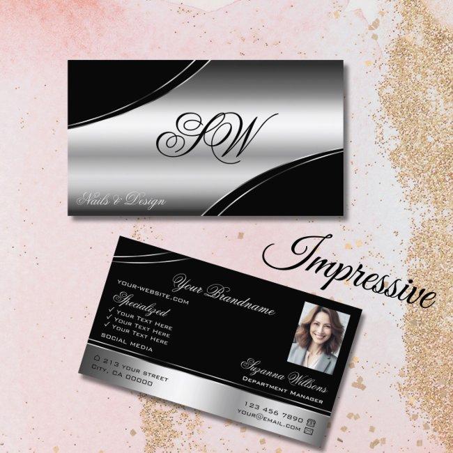 Luxury Black Silver Curved Lines Monogram Photo