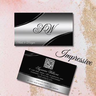 Luxury Black Silver Curved Lines Monogram QR Code