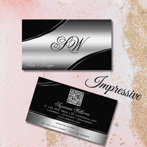 Luxury Black Silver Curved Lines Monogram QR Code