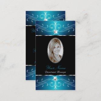 Luxury Black Teal Blue Ornate Ornaments with Photo