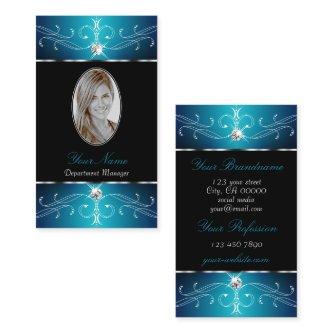 Luxury Black Teal Blue Ornate Ornaments with Photo