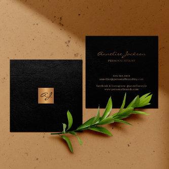 Luxury elegant black leather copper gold monogram square