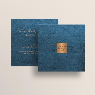Luxury elegant blue leather copper gold monogram square