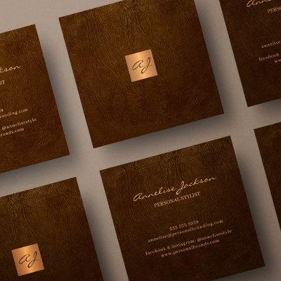 Luxury elegant brown leather copper gold monogram square