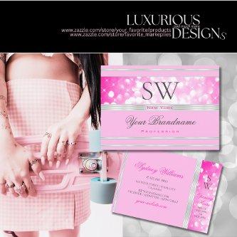 Luxury Girly Pink Glitter Monogram Silver Border