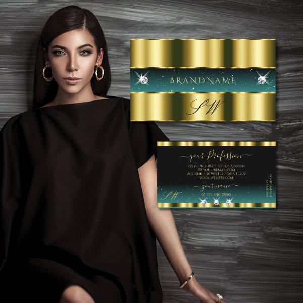 Luxury Gold Teal Black Sparkling Diamonds Monogram