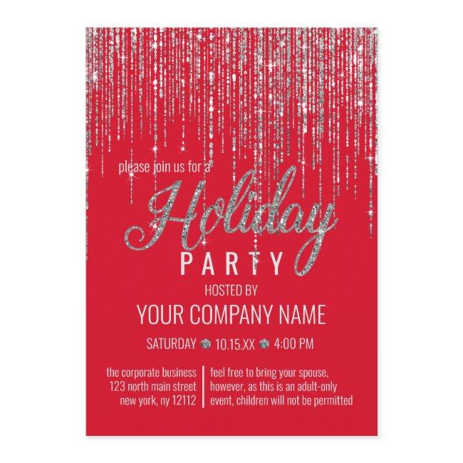 Luxury Red Silver Glitter Fringe Corporate Holiday Invitation